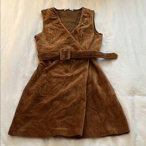 Brown Corduroy Wrap Dress with Belt